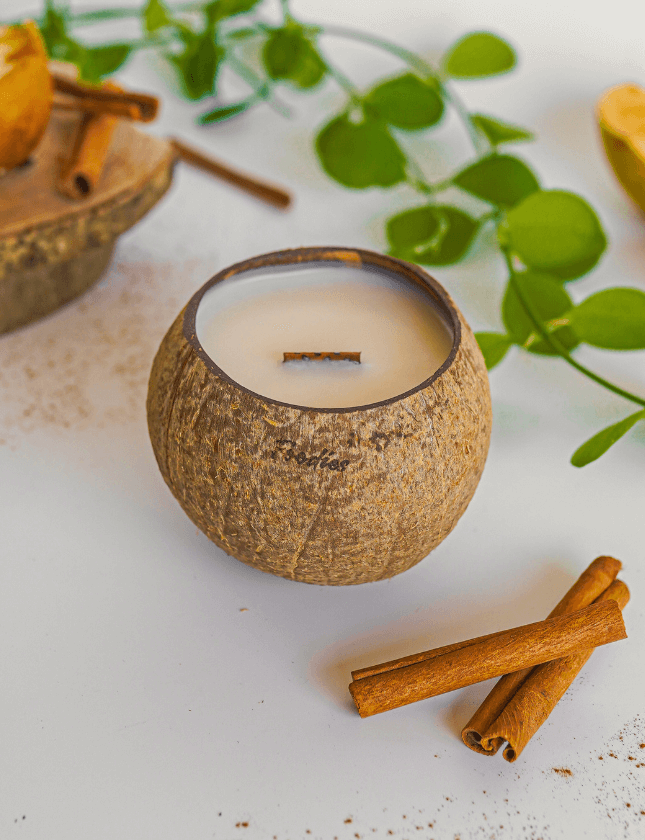 Świeca sojowa w łupinie kokosa "Pieczone jabłko z cynamonem"